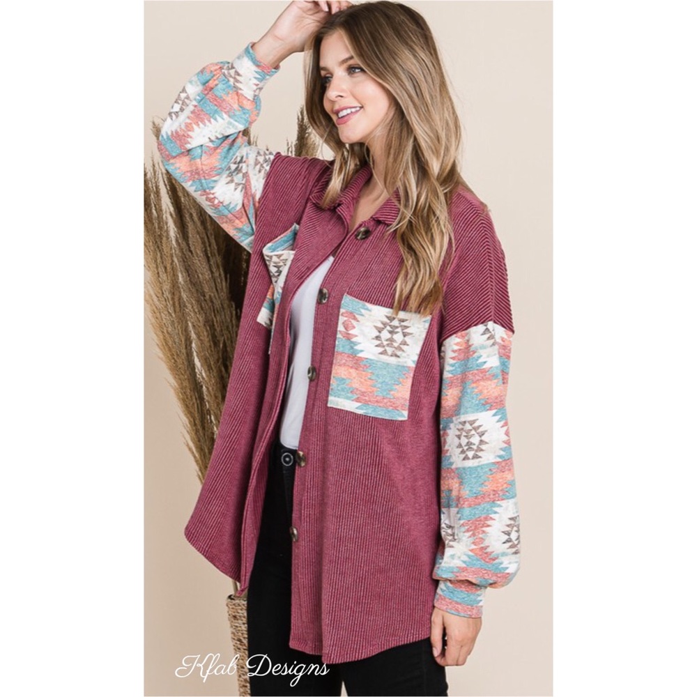 ❤️LAST! Wine Aztec Contrast Plush Oversized Button Up Jacket! - Picture 6 of 11